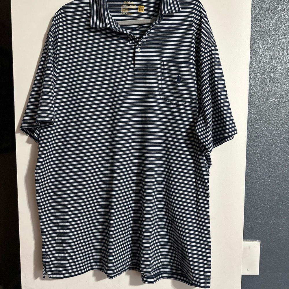 Polo by Ralph Lauren Men's Striped Shirt - Navy‎ Blue and White Size XLT